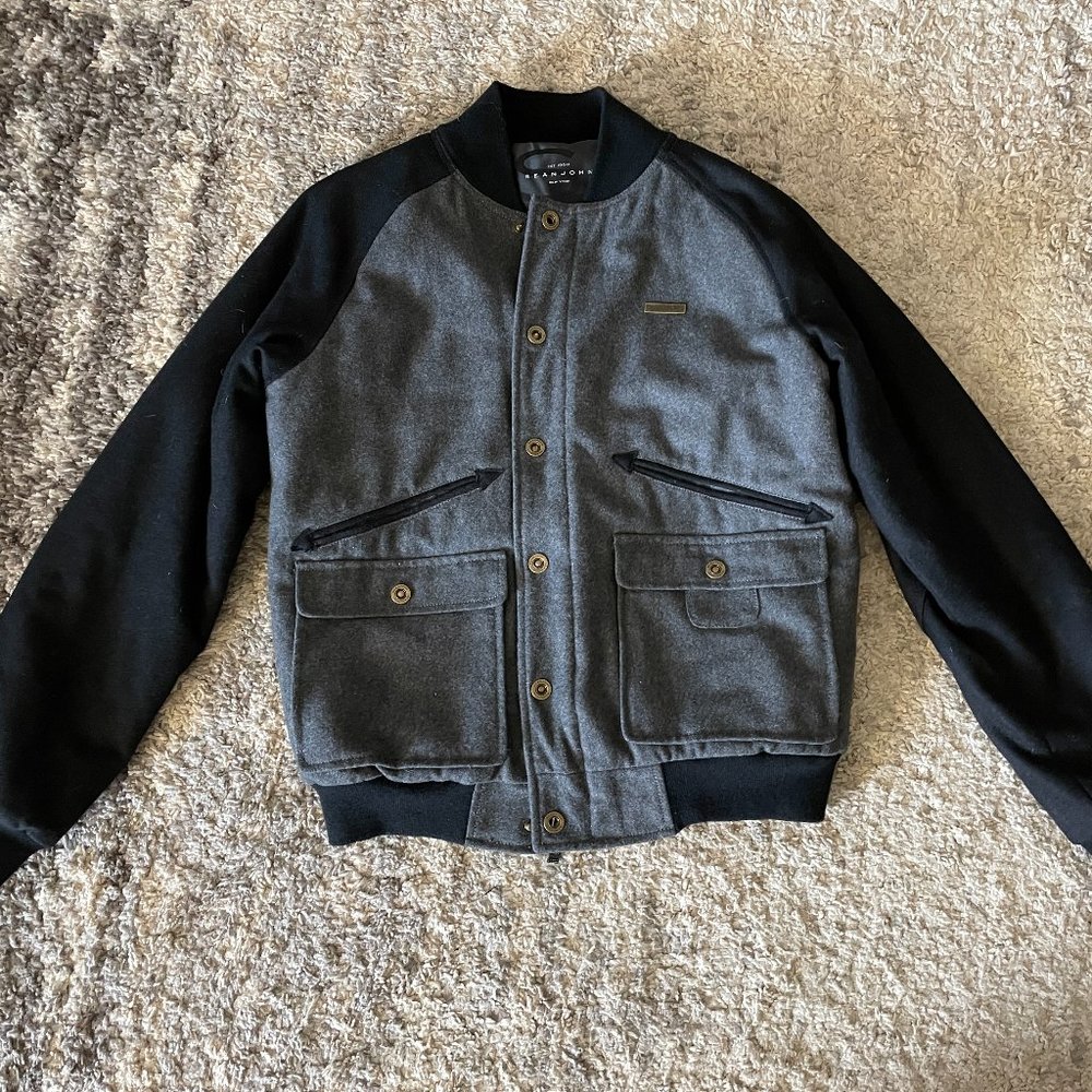 Sean John Black Gray Bomber Varsity Jacket Coat Mens sz Med